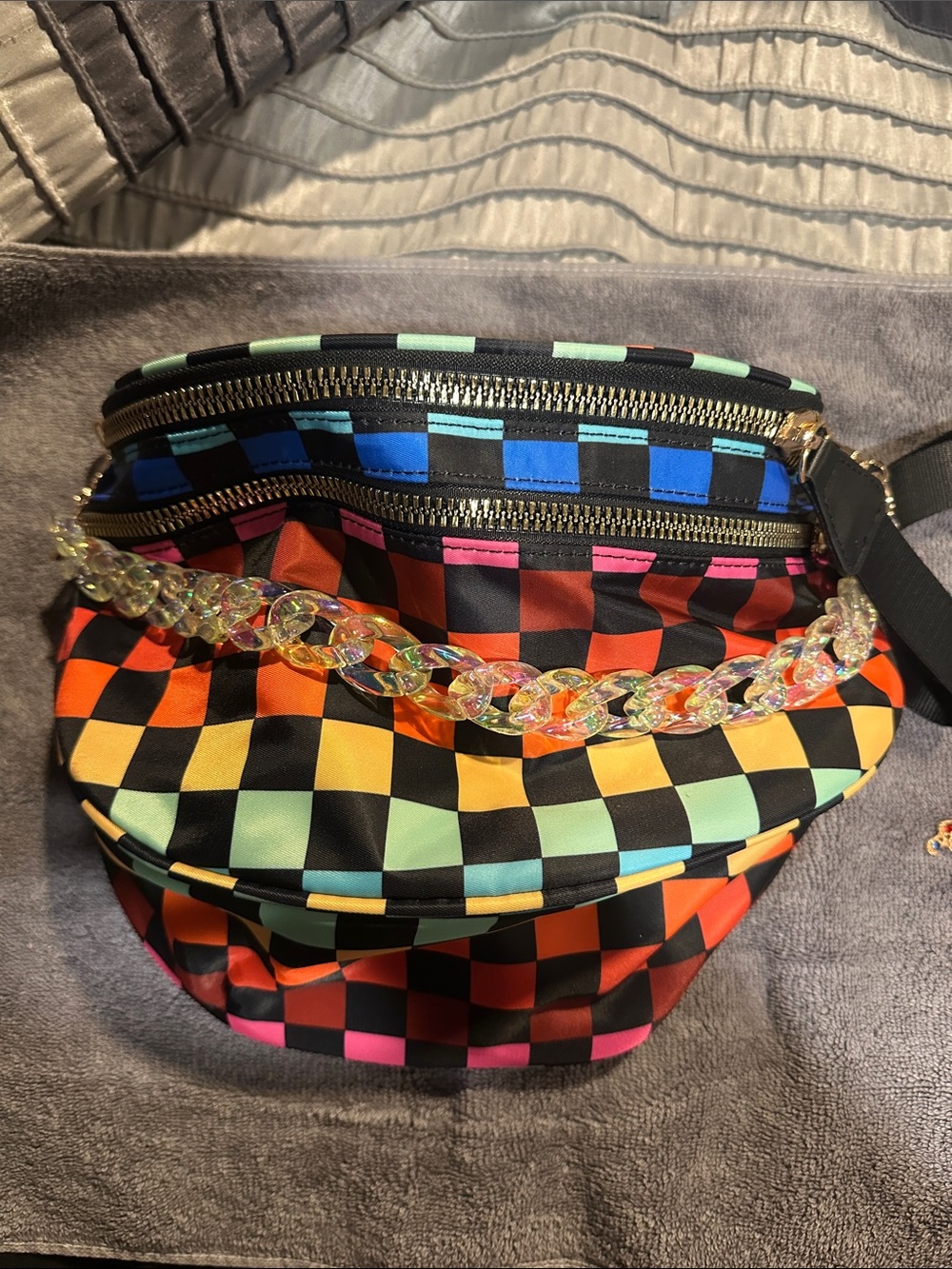 Multicolor Checkerboard Crossbody Belt Bag with Iridescent Chain